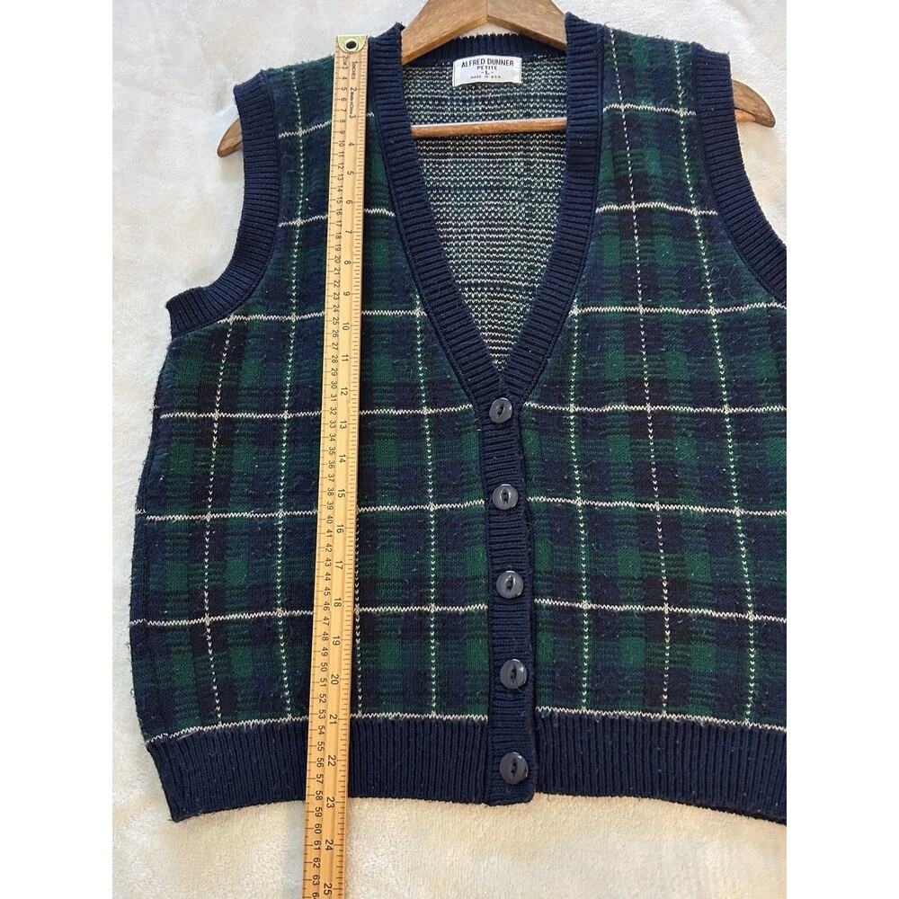 Vintage Plaid Knit Sweater Vest Women Large Green Navy Button Front Academia - Picture 6 of 10